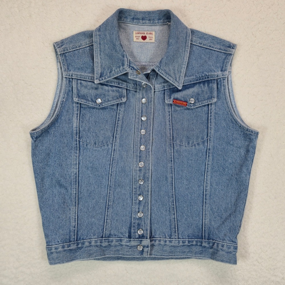 Vintage 90s Lawman‎ Jeans Womens Western Snap Front Denim Vest M Blue